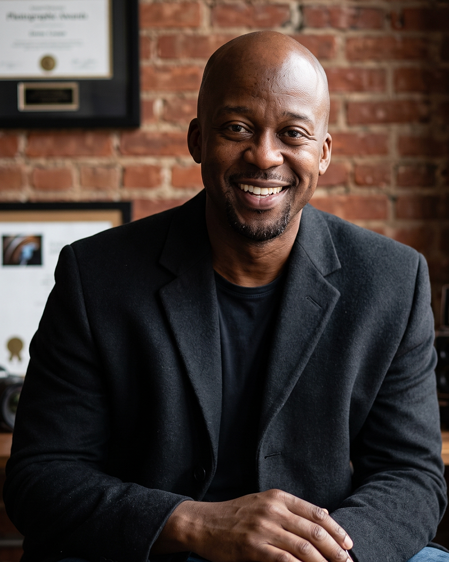 Professional portrait of founder Michael Drew seated in front of a brick wall with framed credentials