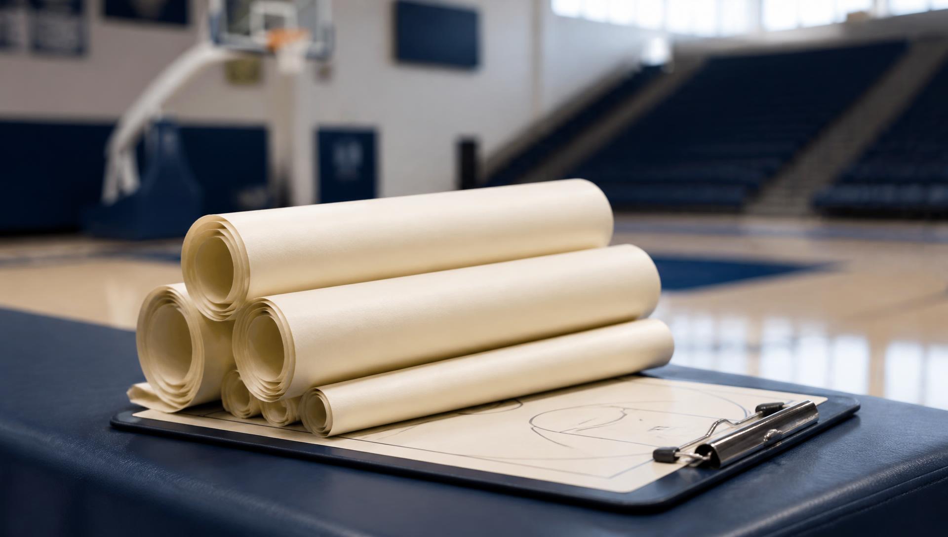 Rolled parchment scrolls stacked on a coach's clipboard in a gymnasium