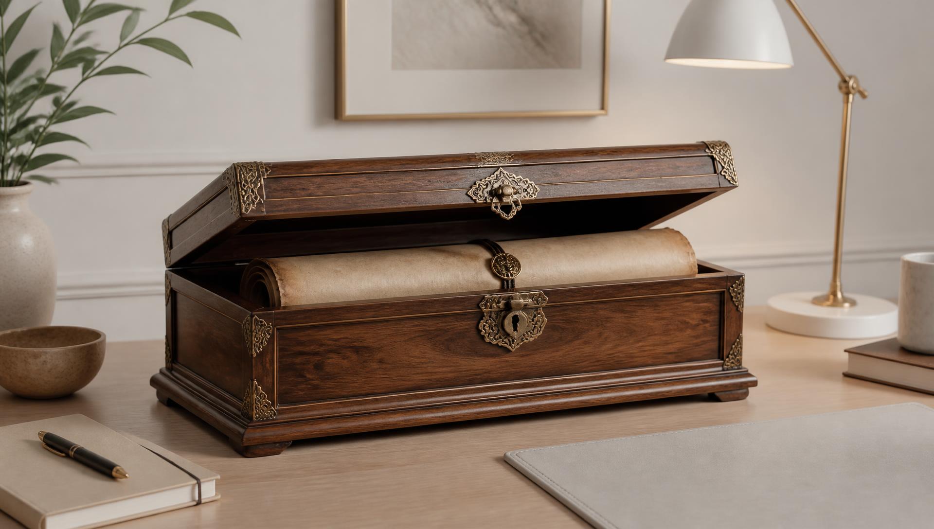 A wooden display chest opened to reveal a heavy parchment scroll