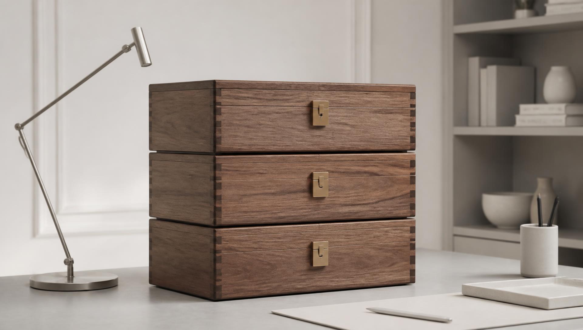 Neatly stacked premium wooden archive chests on a minimalist desk