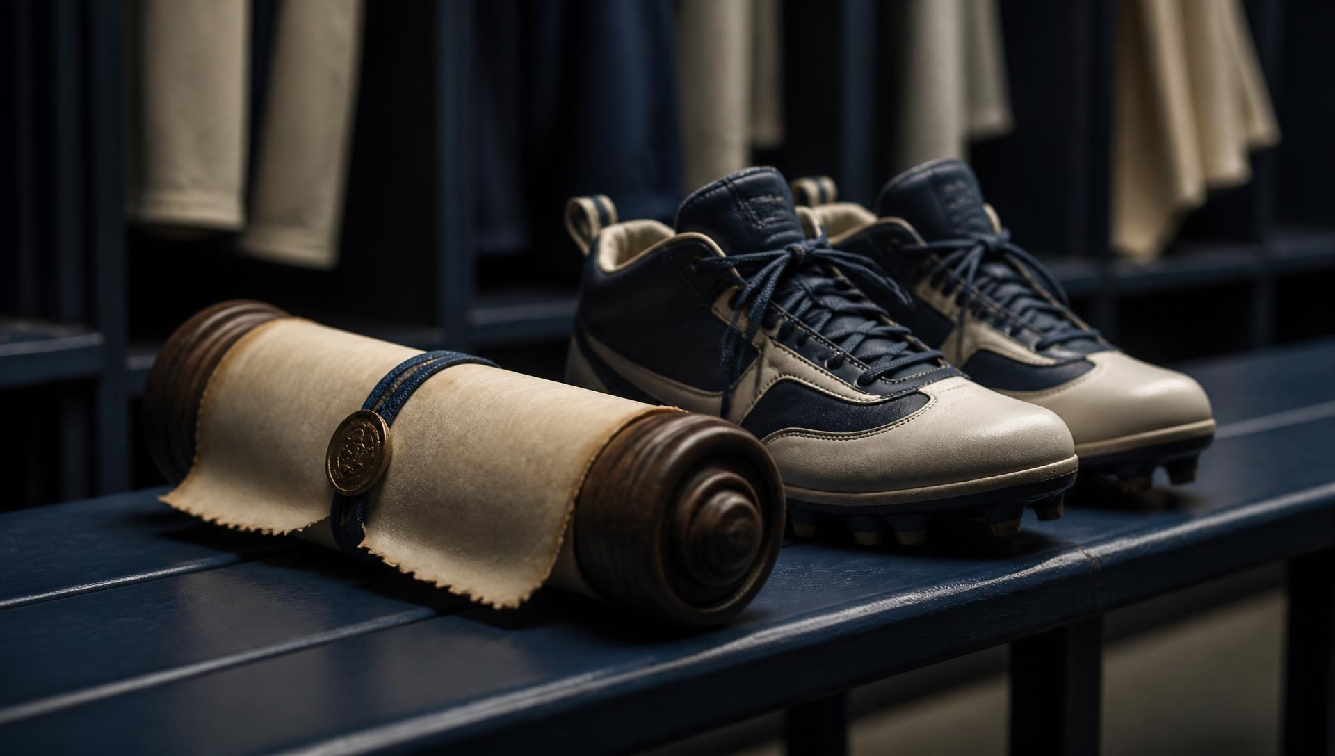 A parchment scroll resting on a stadium bench near professional cleats