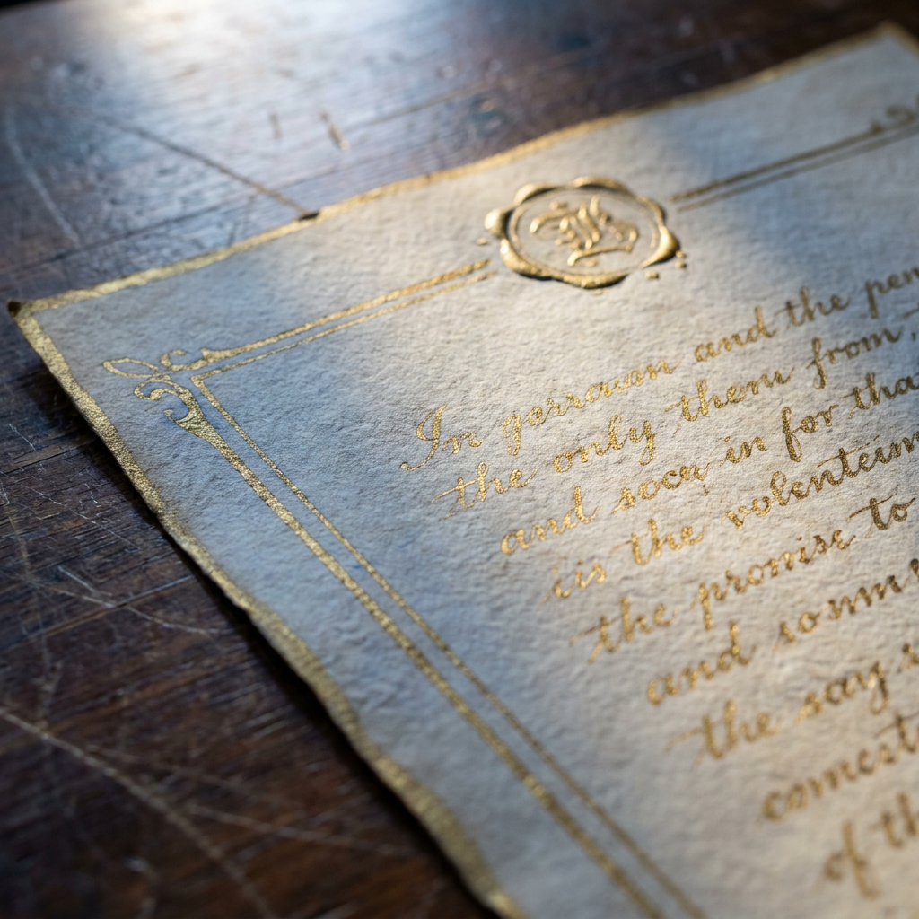 Close up of gold-ink calligraphy on parchment