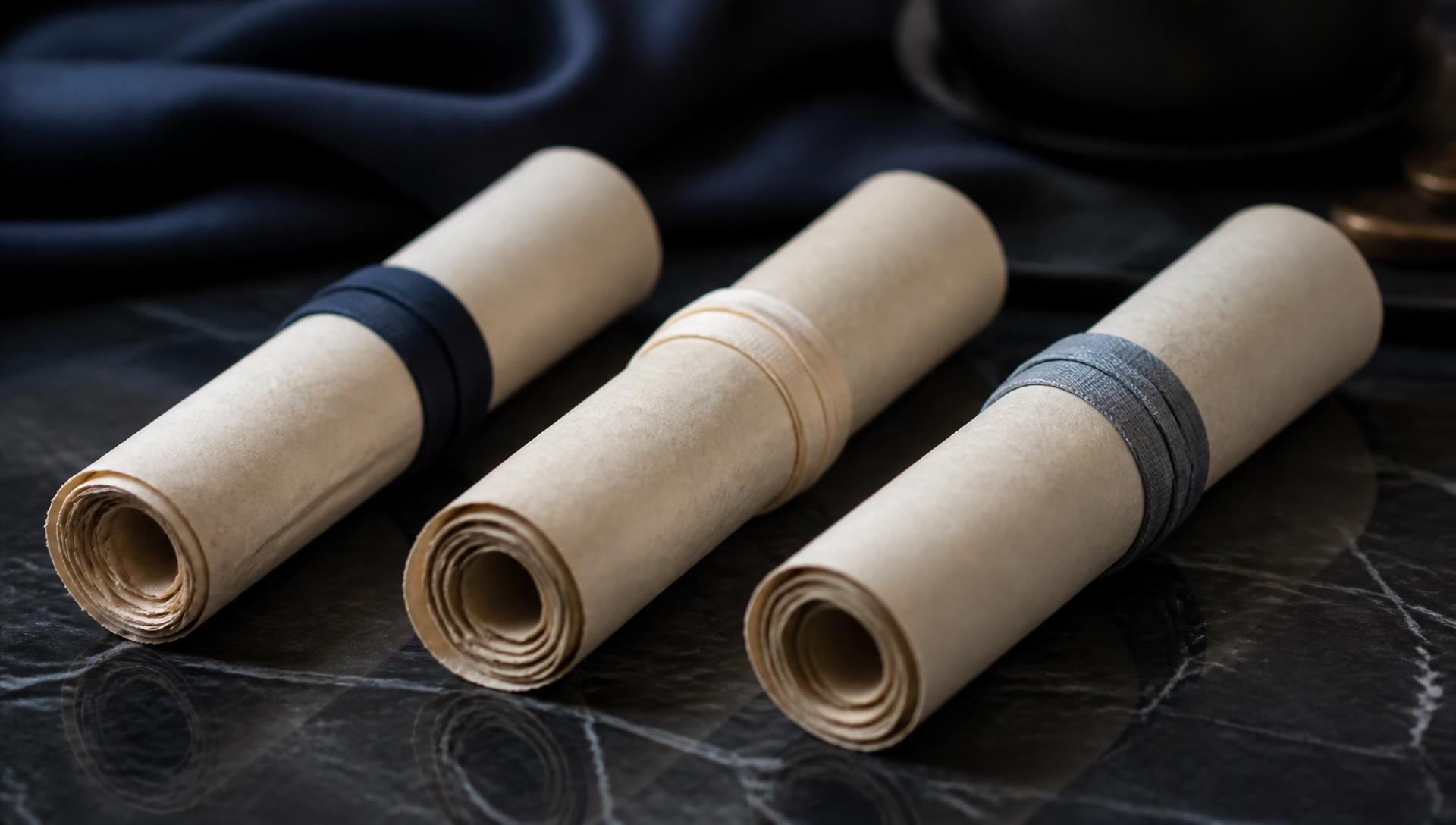 Three distinct sealed prayer scrolls arranged on dark marble
